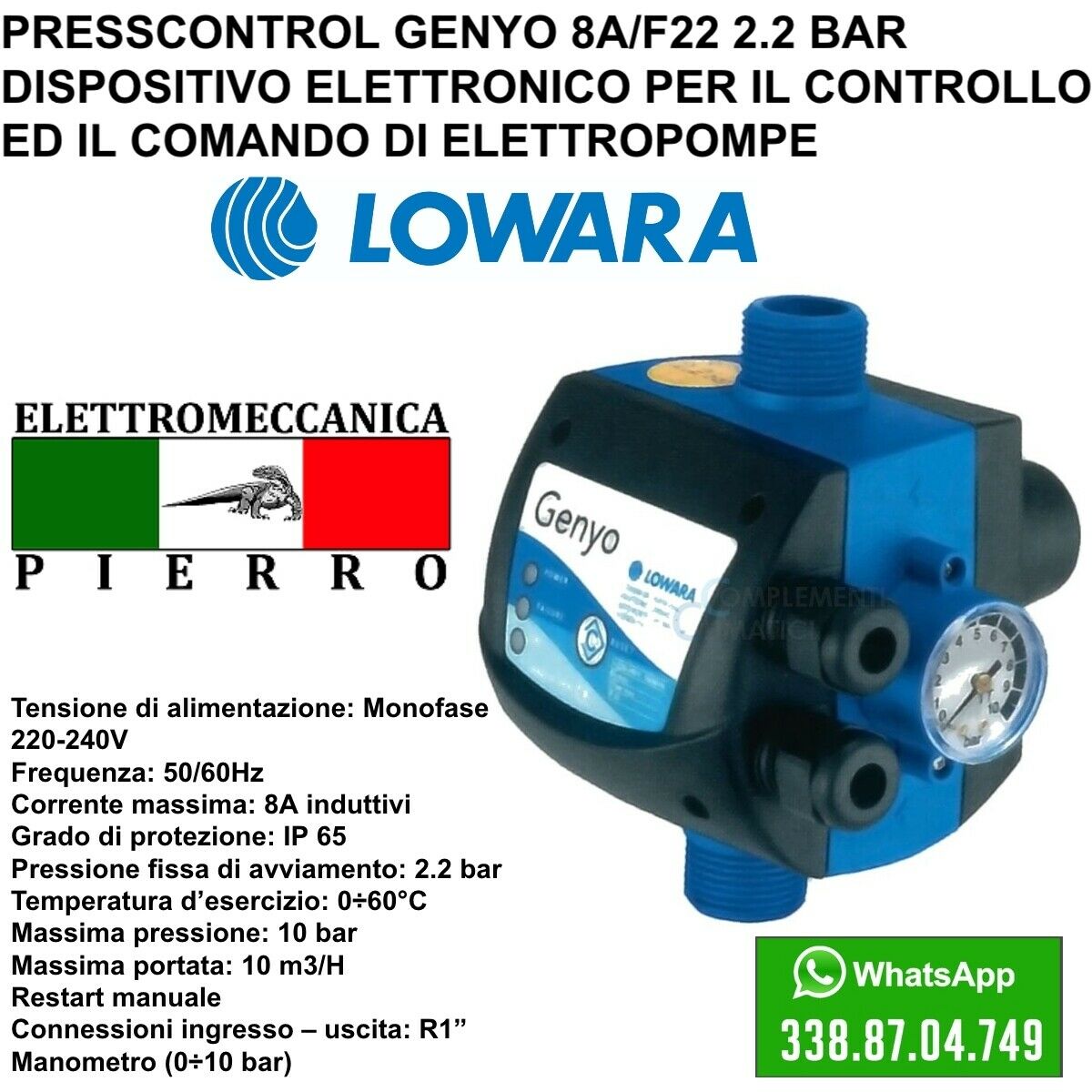 PRESSCONTROL GENYO 8A /F22 AUTOCLAVE LOWARA PER POMPA ELETTROPOMPA 2.2 –  Elettromeccanica Pierro Shop
