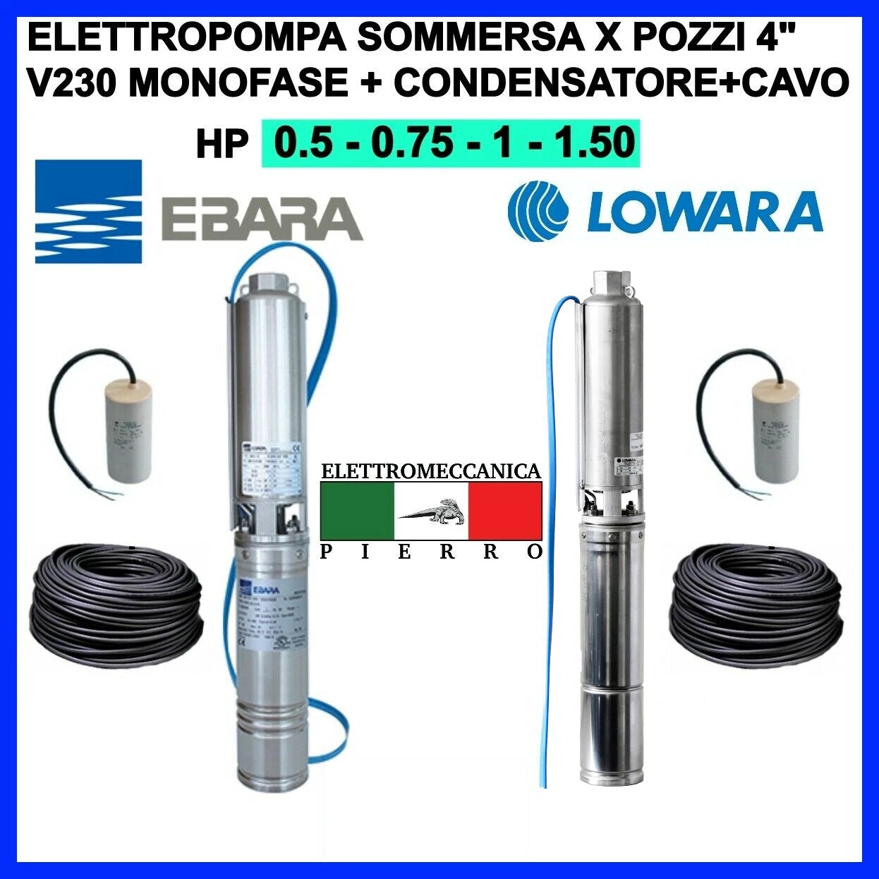Pompa Sommersa Pedrollo 4SRM4/12 Per Pozzi – 1.5 HP 230V Con Condensatore E Cavo 20m