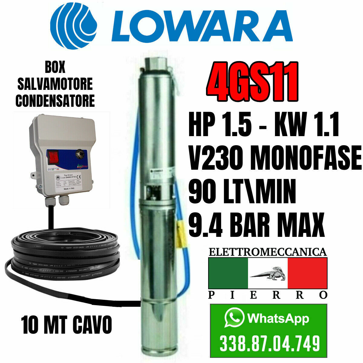 Lowara GS4 Elettropompa Sommersa Per Acque Pulite - 1,10 KW (1,50 HP) Monofase - 4 Pollici Per Pozzi