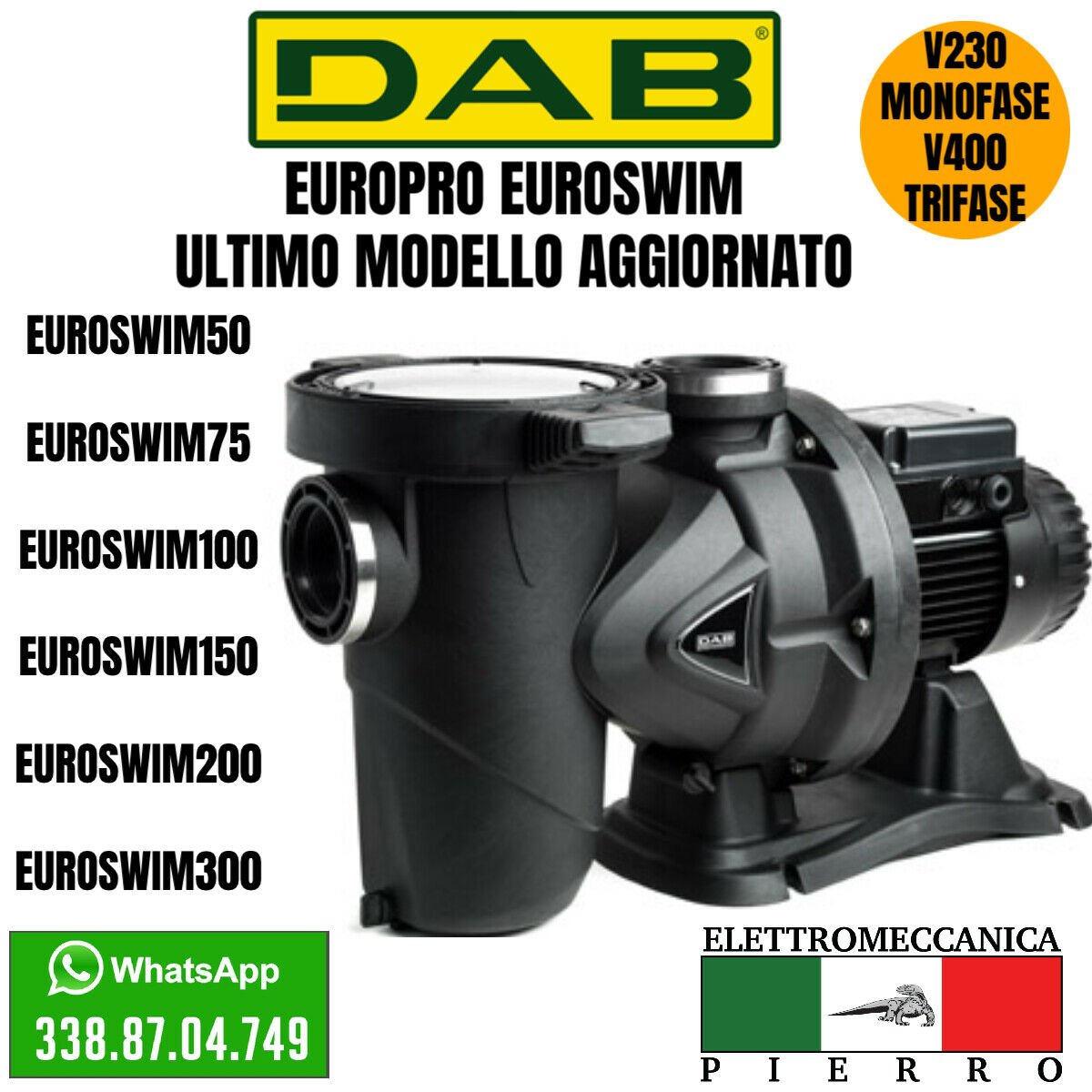 Pompa per piscina DAB EuroSwim EuroPro Elettropompa centrifuga piscine HP 0/3 Logo Elettromeccanica Pierro Elettromeccanica Express Assistenza