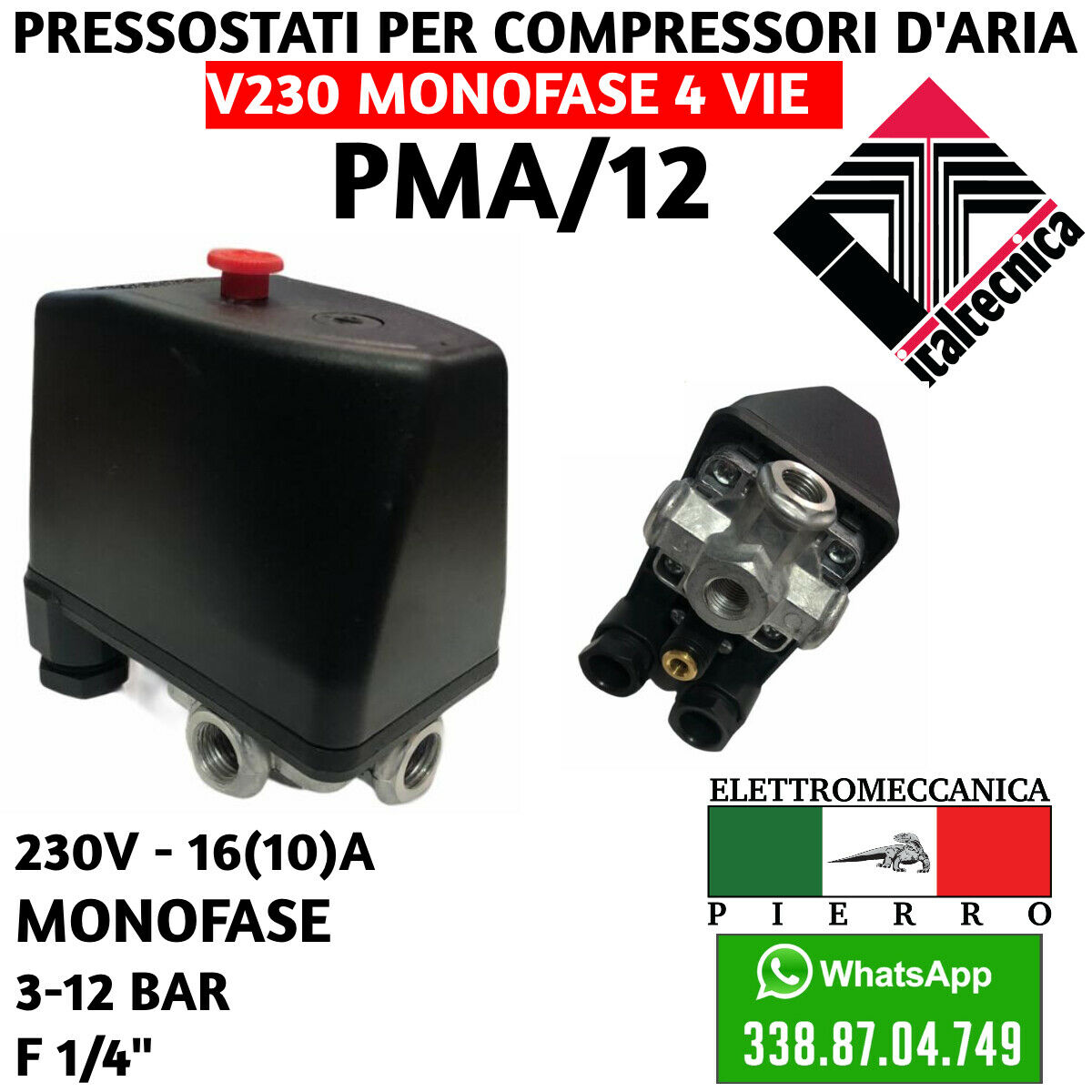 PRESSOSTATO AD ARIA PER COMPRESSORE, 230V, 20A, 4 VIE, NE-MA –  Elettromeccanica Piersimoni