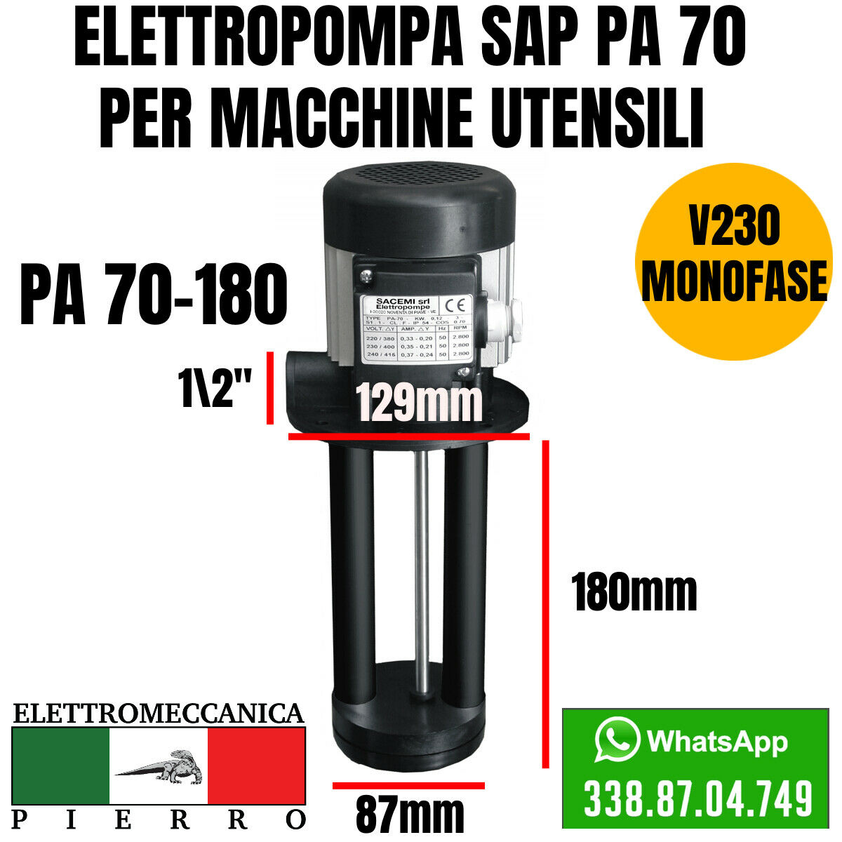 Pompe Électrique PA70M Monophasé 230V – Pour Machines-Outils, 0.08 KW, IP54, Pêcheur Immergé