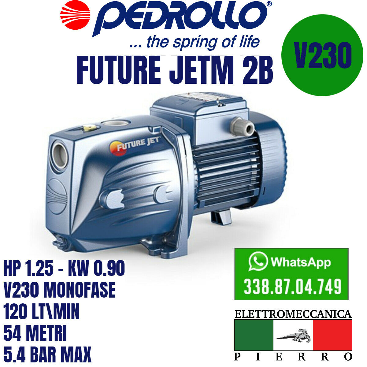 Elettropompa Pompa Autodescante PEDROLLO Future JETm 2A-2B-2C INOX V230 Monofase  Logo Elettromeccanica Pierro Elettromeccanica Express Assistenza Future JETM 2B HP1,25 - KW 0,90 120LT/MIN 54 Metri 5,4 BAR MAX (2693741)