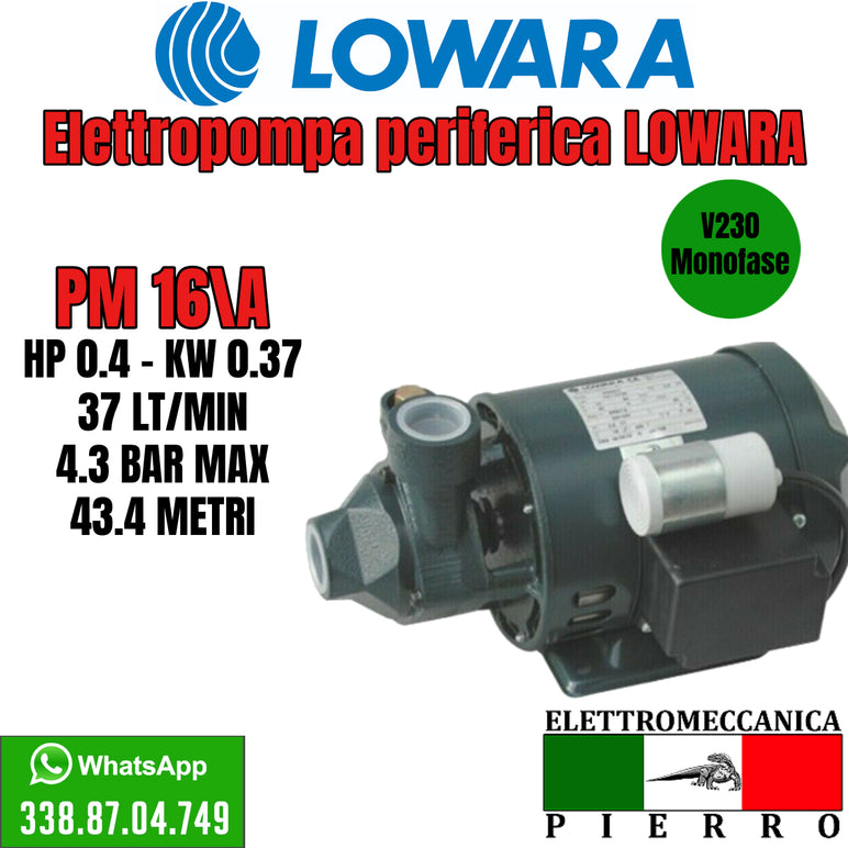 ELETTROPOMPA POMPA PERIFERICA LOWARA PM16/A PM 16 HP0,4 V230 MONOFASE Logo Elettromeccanica Pierro Elettromeccanica Express Assistenza 37 LT/MIN 4.3 BAR MAX 43.4 Metri