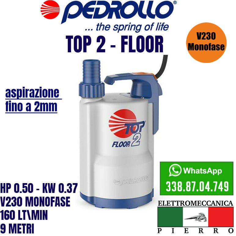 Elettropompa Pompa sommergibile top 2 Floor Pedrollo per acque chiare V230 aspirazione fino a 2mm Hp0,5 - Kw0,37, 160 LT/Min 9 metri Logo Elettromeccanica pierro elettromeccanica express assistenza (2693950)