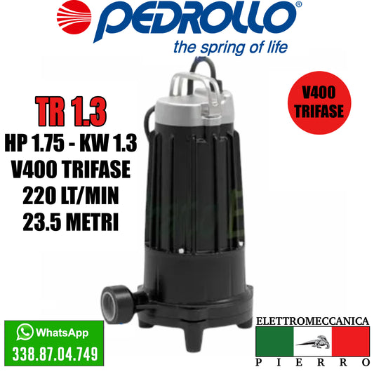 Tritus Tituratrice Pedrollo Pompa Sommergibile Acque Luride HP 1,75 TR 1,3 V400 Logo elettromecanica Pierro Elettromeccanica Express Assistenza via Whatsapp (2695831)