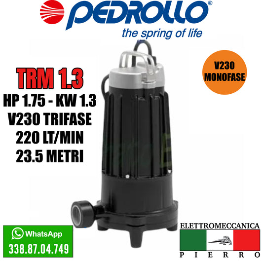 Tritus Trituratrice Pedrollo Pompa sommergibile Acque Luride HP 1,75 TRM 1,3 V230 Logo elettromecanica Pierro Elettromeccanica Express Assistenza via Whatsapp